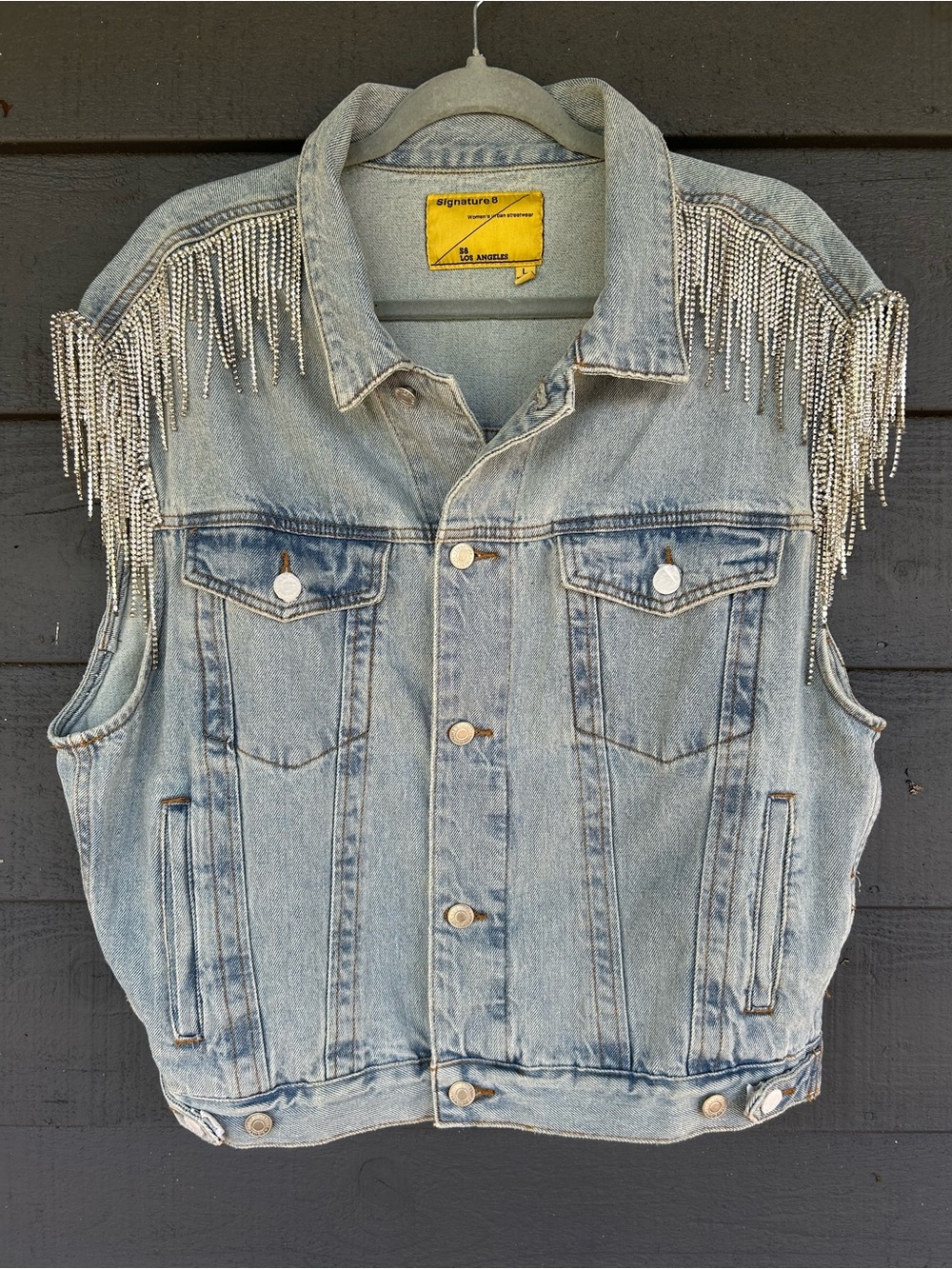 Signature 8 Denim Rhinestone fringe vest size large